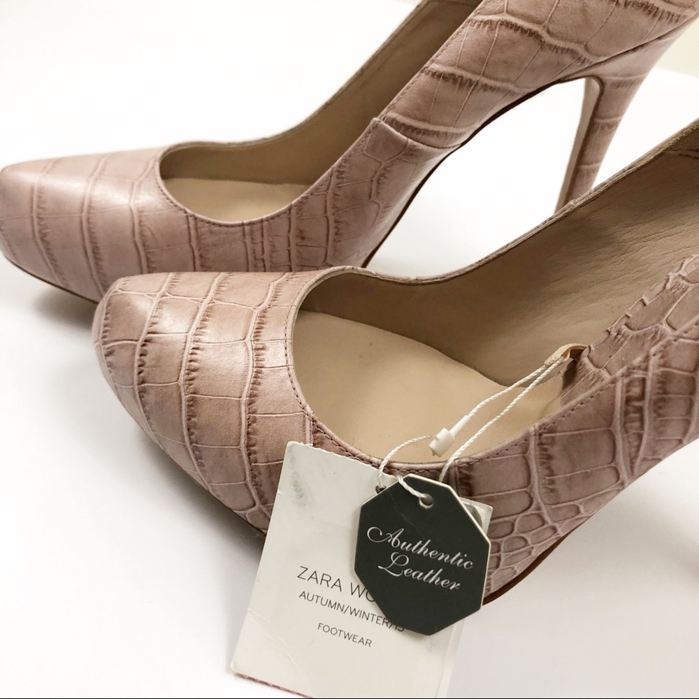 Zara Leather snake print nude blush platform heels